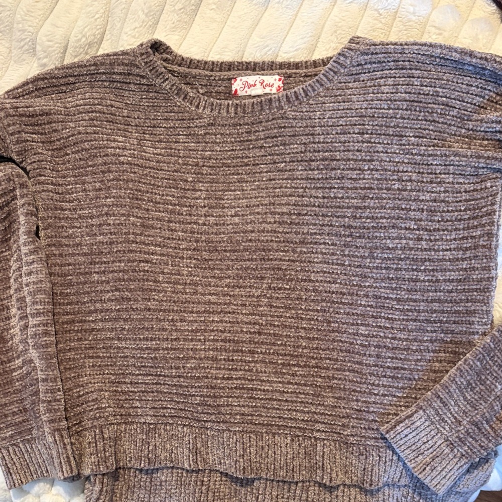 Pink Rose Ribbed Knit Sweater - Taupe